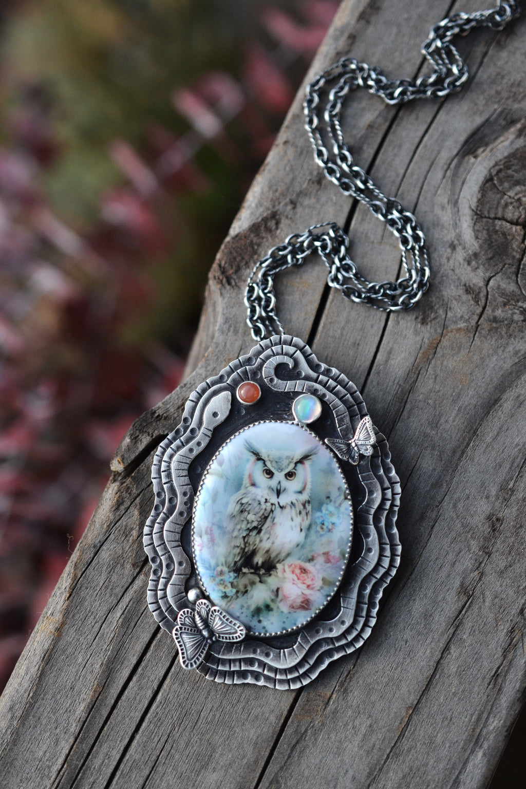 X-Large Owl and Snake Pendant - Opal and Peach Moonstone - Adjustable Chain at 18" and 20"