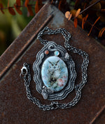 X-Large Owl and Snake Pendant - Opal and Peach Moonstone - Adjustable Chain at 18" and 20"