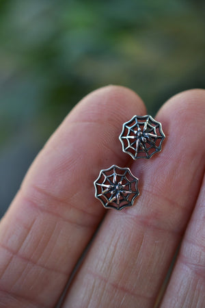 Only 2 Pairs Left! Sterling Silver Spider in Web Stud Earrings
