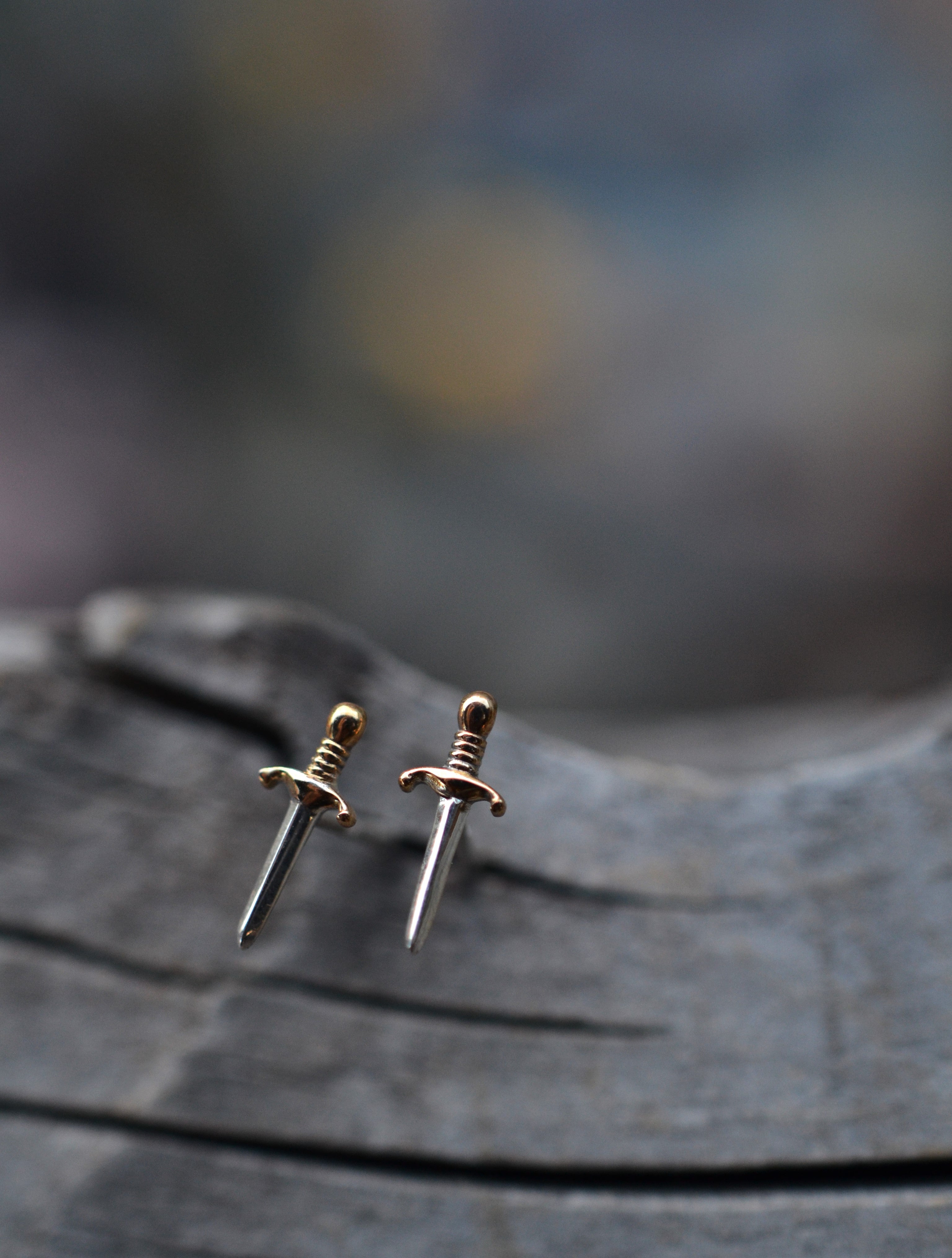 Tiny Dagger Studs - Sterling and Bronze Earrings