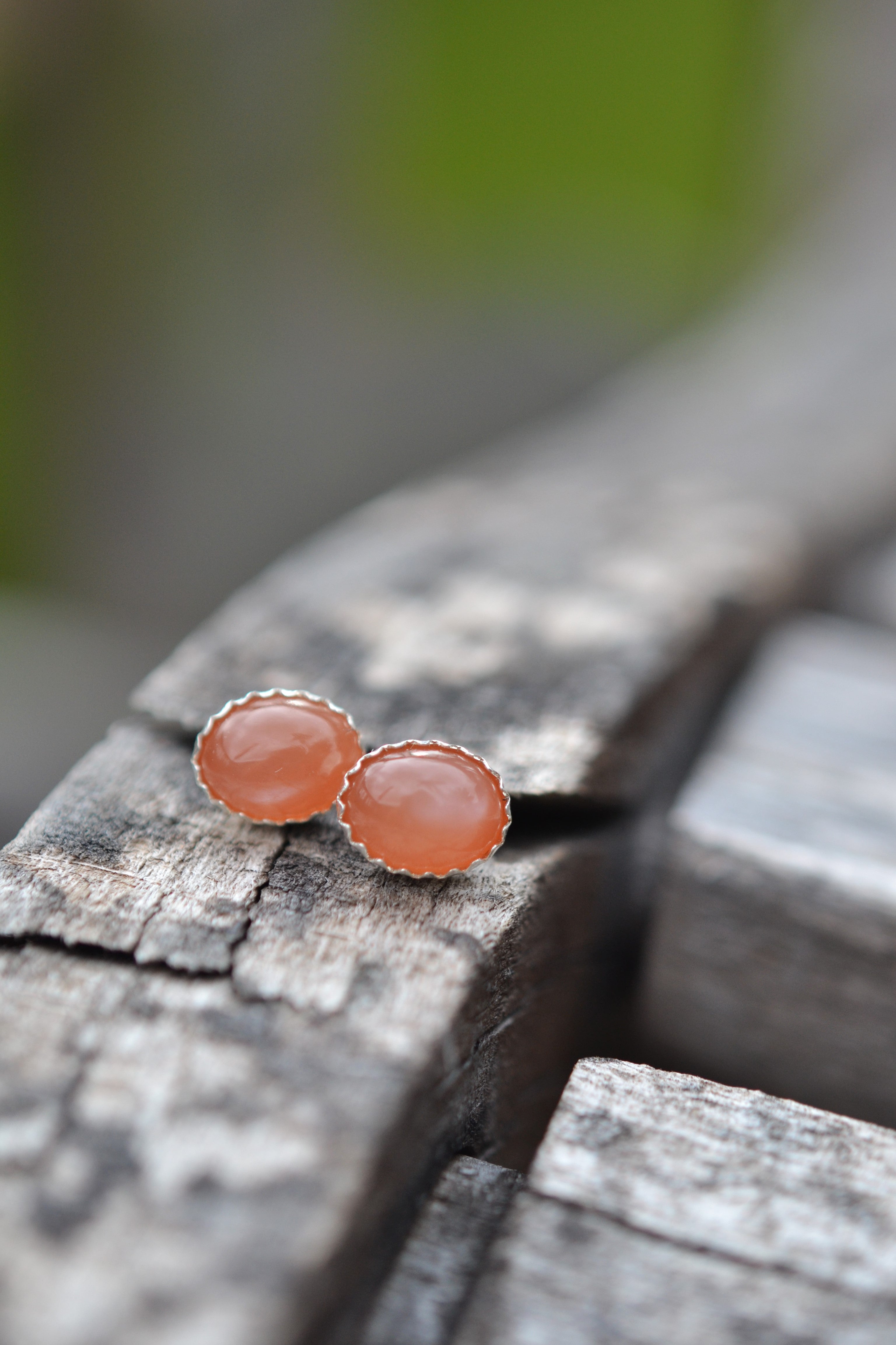 Only 1 pair left! Peach Moonstone Gemstone Studs - Oval 10mm x 8mm