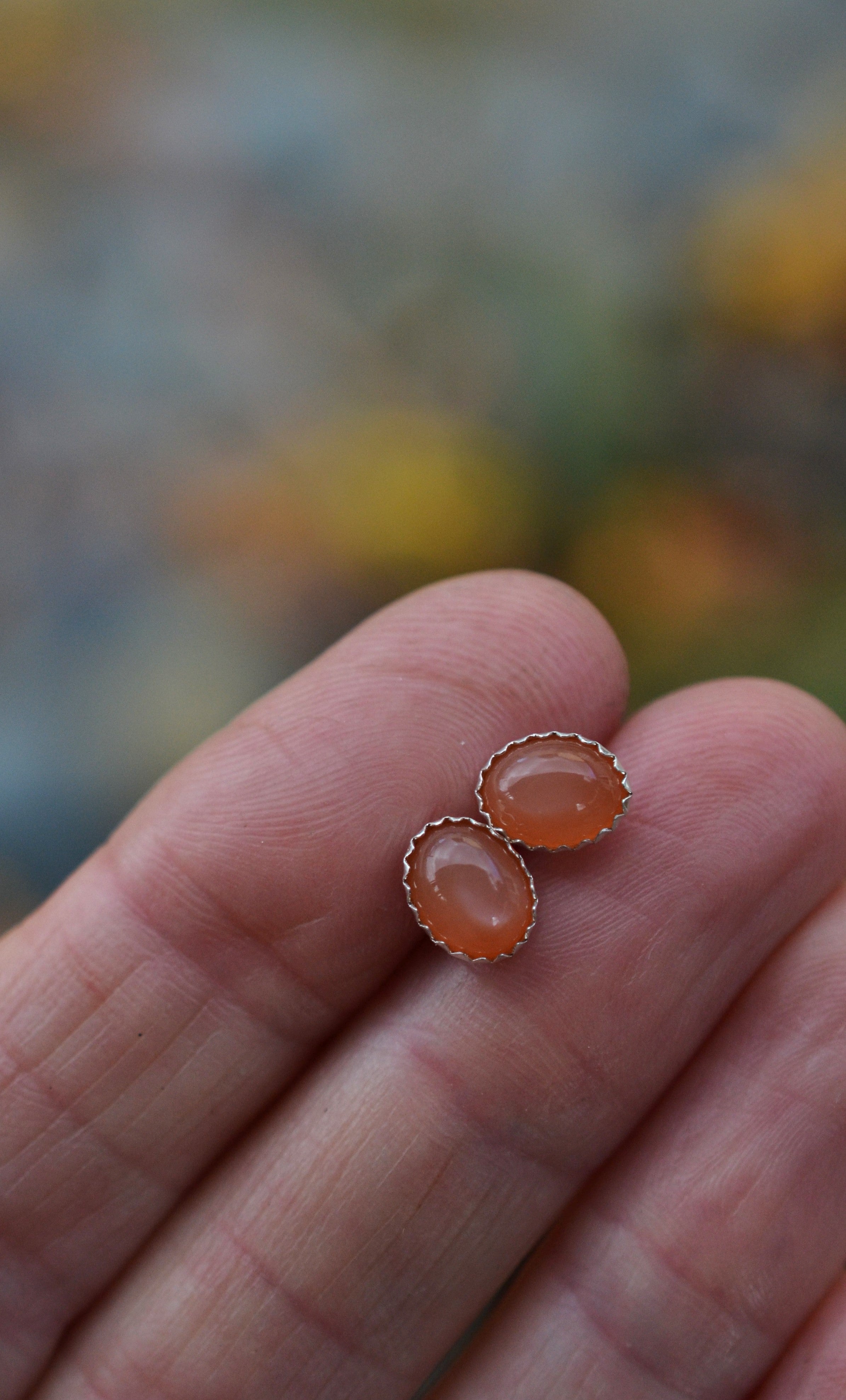 Only 1 pair left! Peach Moonstone Gemstone Studs - Oval 10mm x 8mm