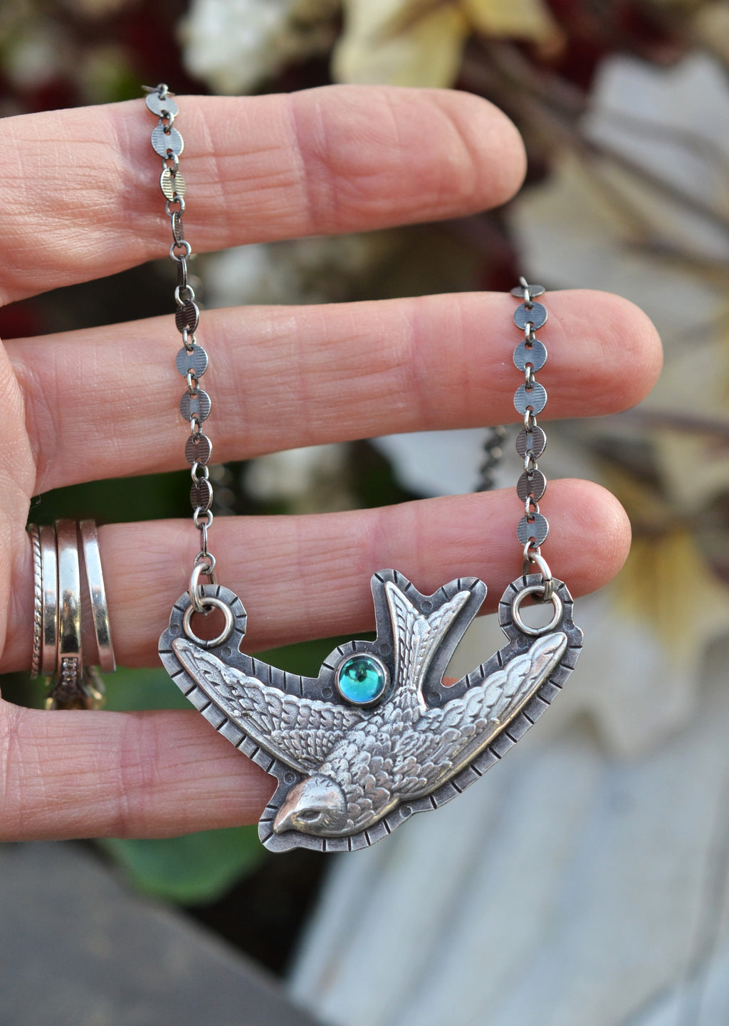 Tattoo Swallow Pendant - Rainbow Blue Topaz - Chain Included and Adjustable at 18" and 20"