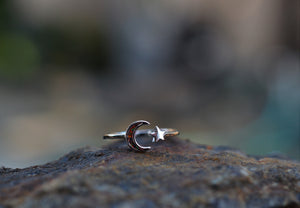Blowout Sale! Sterling Silver Opal Moon and Star Celestial Ring - Semi-Adjustable. Only Sizes 9 and 10 are left!