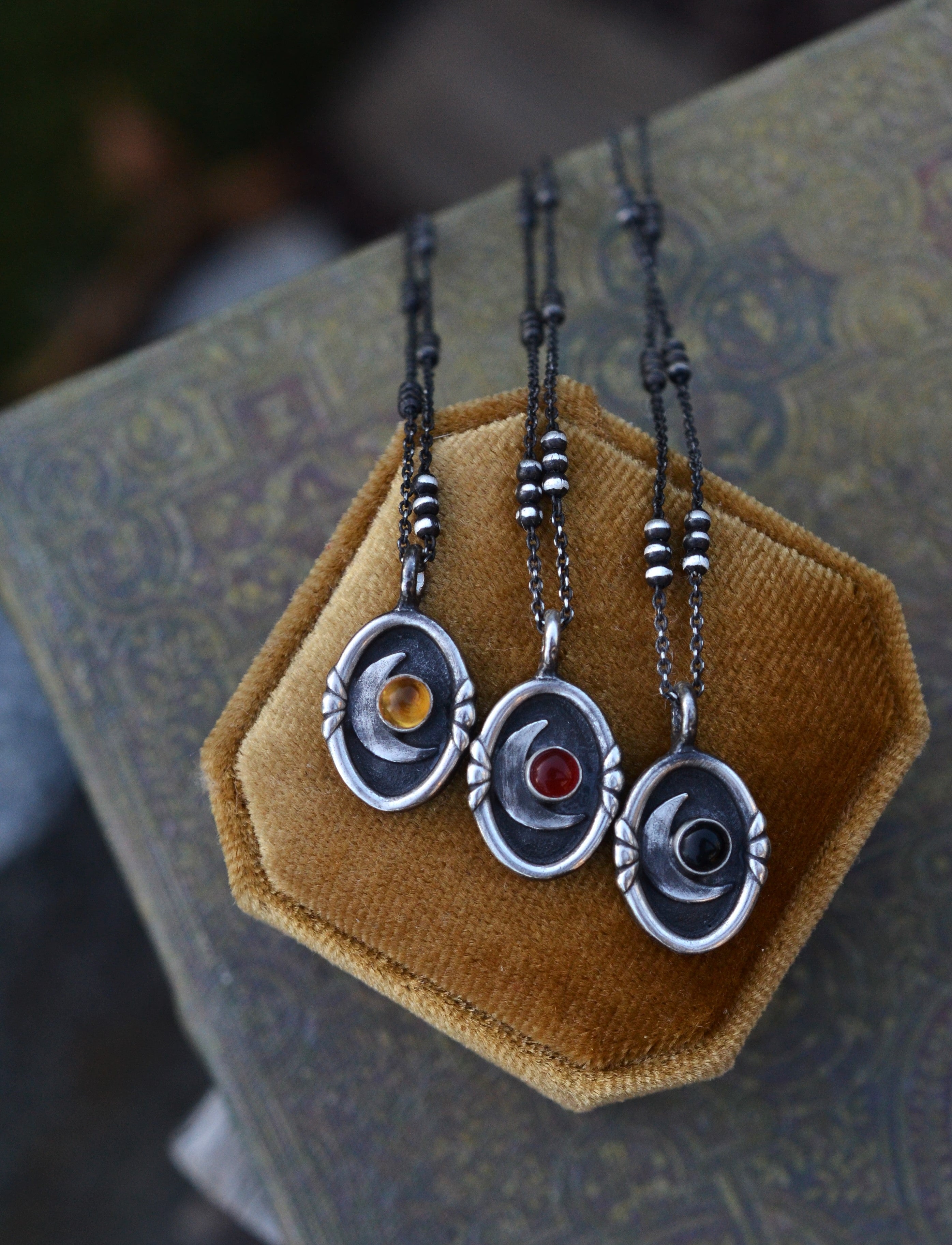 Crescent Moon Cameo Charm Necklace - Choose Your Stone and Chain Length