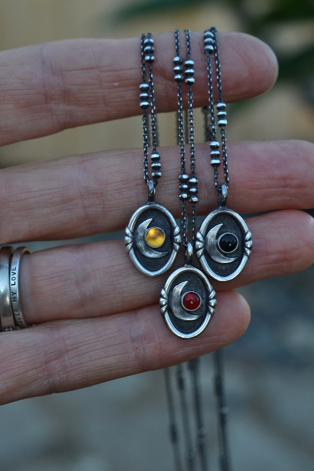 Crescent Moon Cameo Charm Necklace - Choose Your Stone and Chain Length