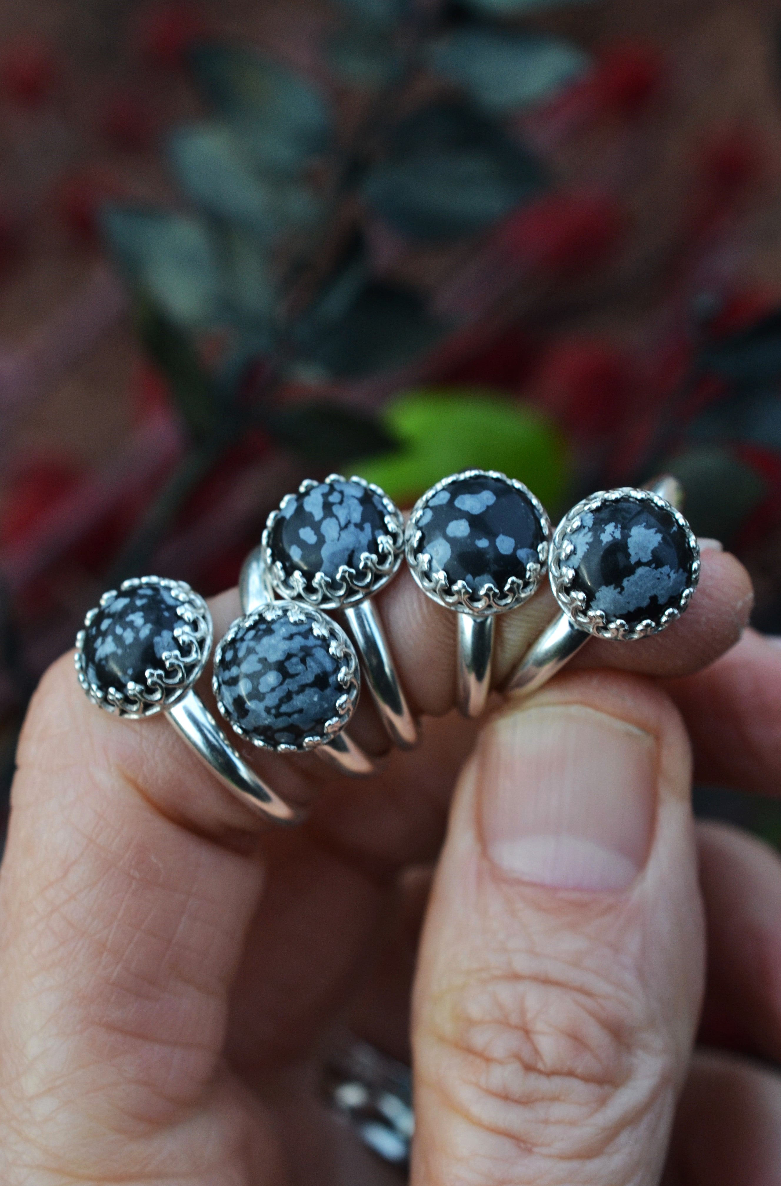 Snowflake Obsidian Gemstone Gallery Ring - Sterling Silver - Sizes 6-10
