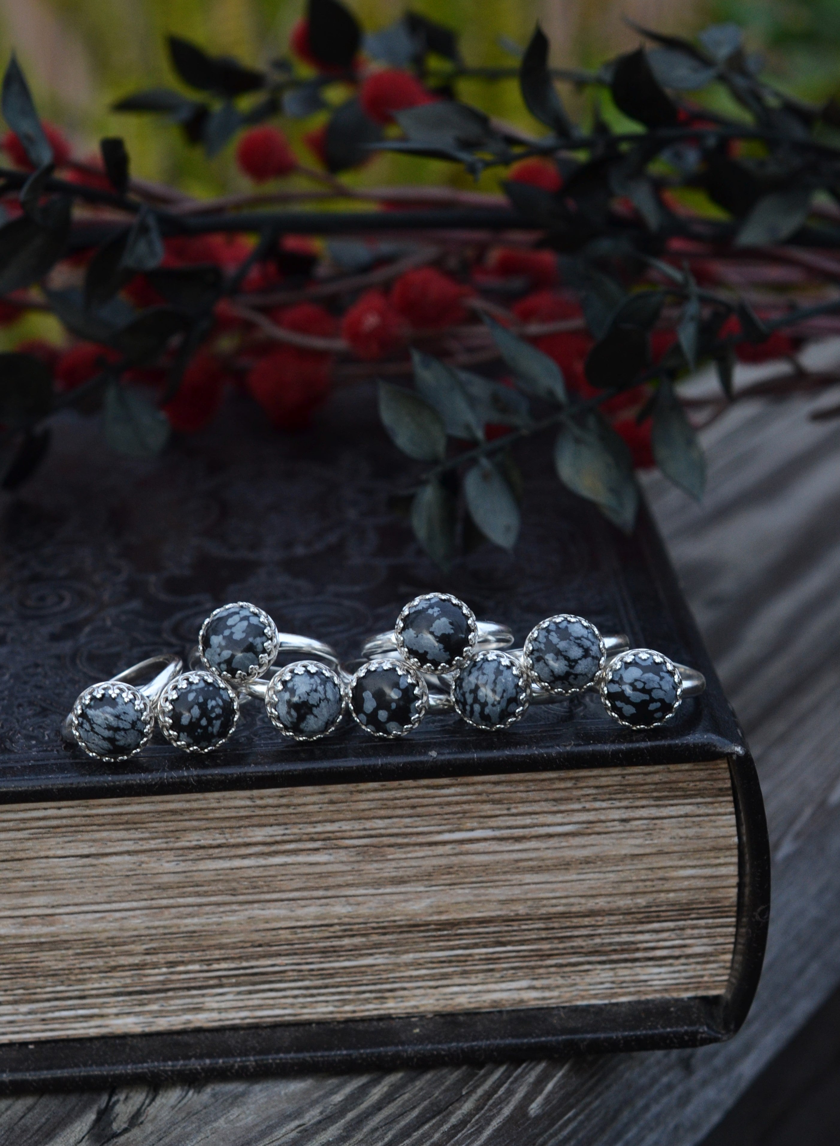 Snowflake Obsidian Gemstone Gallery Ring - Sterling Silver - Sizes 6-10