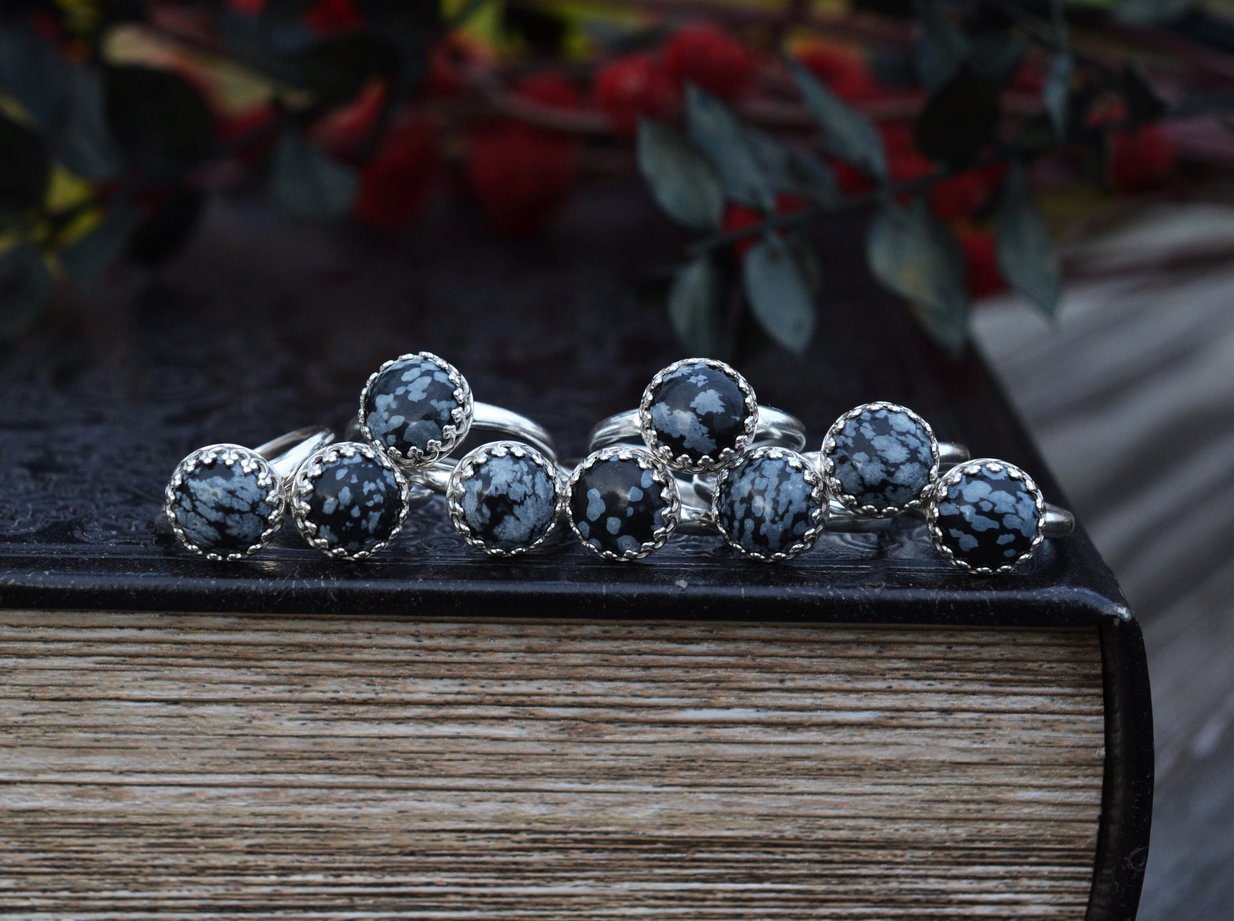 Snowflake Obsidian Gemstone Gallery Ring - Sterling Silver - Sizes 6-10