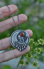 Halloween Moon 13 & Web Necklace - Carnelian - 20” Chain Included