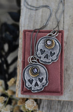 Made to Order. Heart Eyed Skull Charm - Black Mother of Pearl Crescent Moon - 18" Chain Included