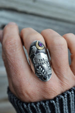 Til Death - Tombstone Raven Ring - Black Onyx and Amethyst - Size 7.5