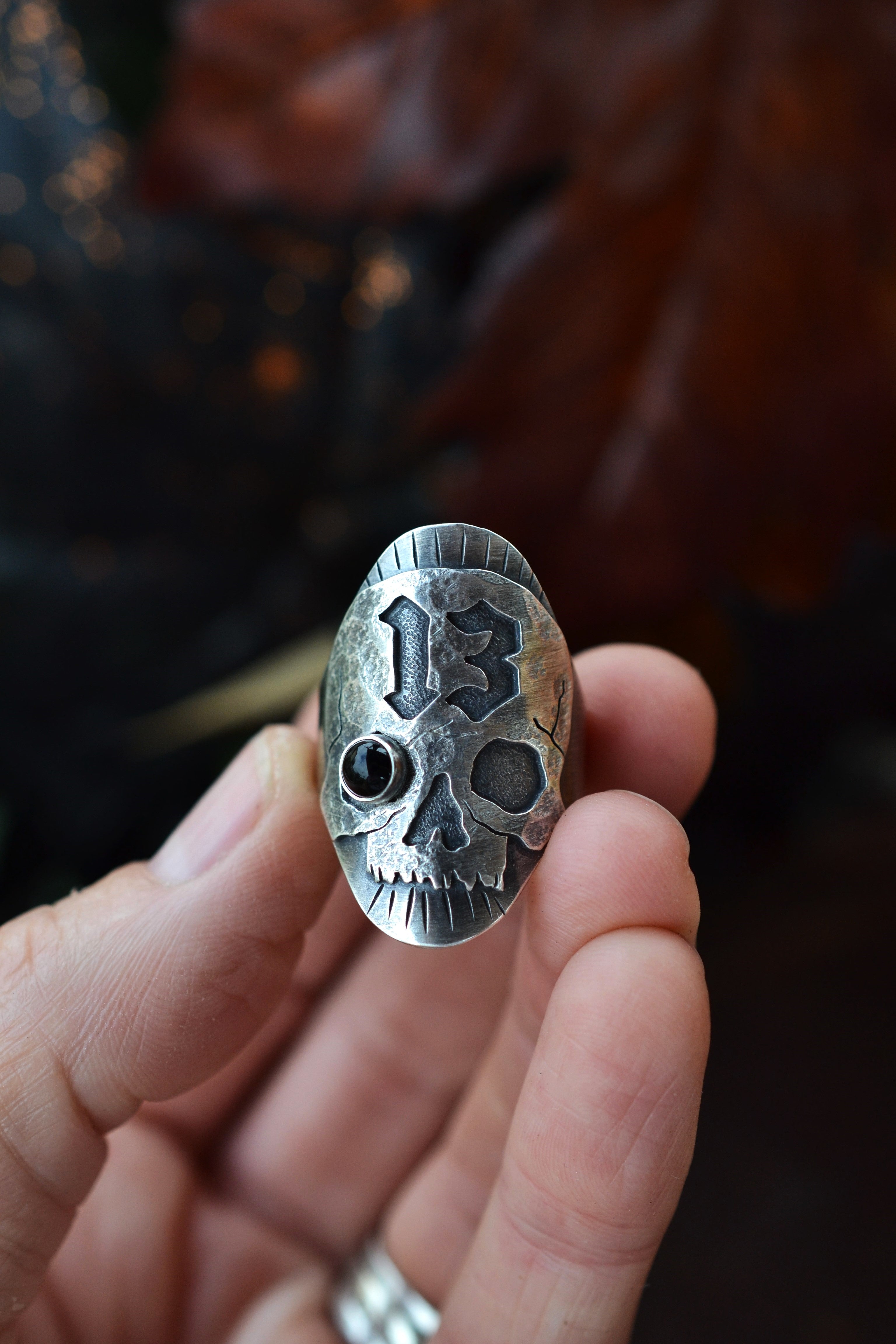 Skull Ring Lucky #13 - Black Onyx -  Will fit like a Size 10.5