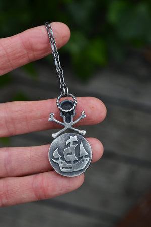Jolly Roger Scrimshaw Ship Necklace - Sterling Silver - Adjustable Chain at 20" and 22"