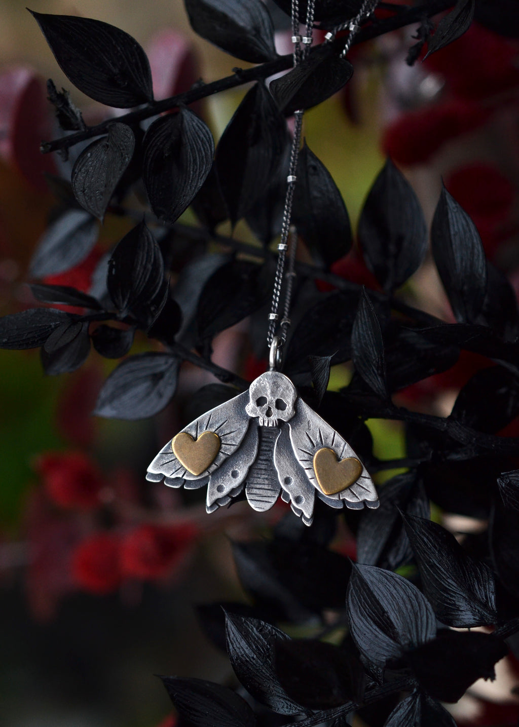 Winged Hearts - Death's Head Heart Moth Charm - 18" Chain Included