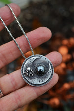 Hallows Eve Moon - Spider and Web Necklace - Hematite - 16" Chain Included