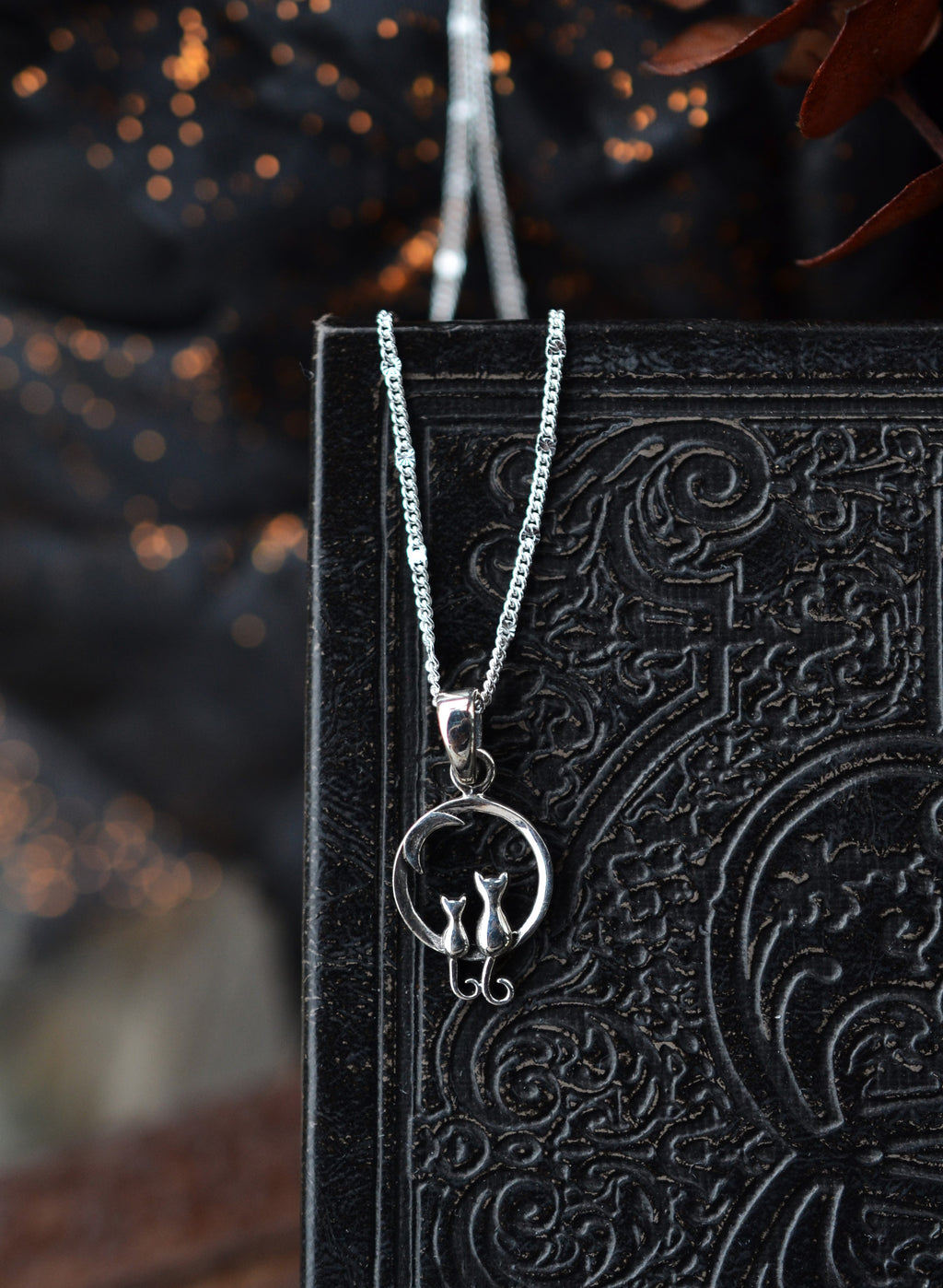 Midnight Moon Kitties Charm Necklace - Sterling Silver - Chain Included