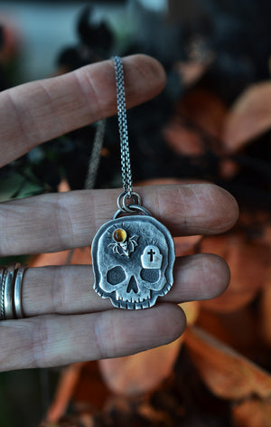 Halloween Skull Charm - Bat/Tombstone - Citrine - 18" Chain Included