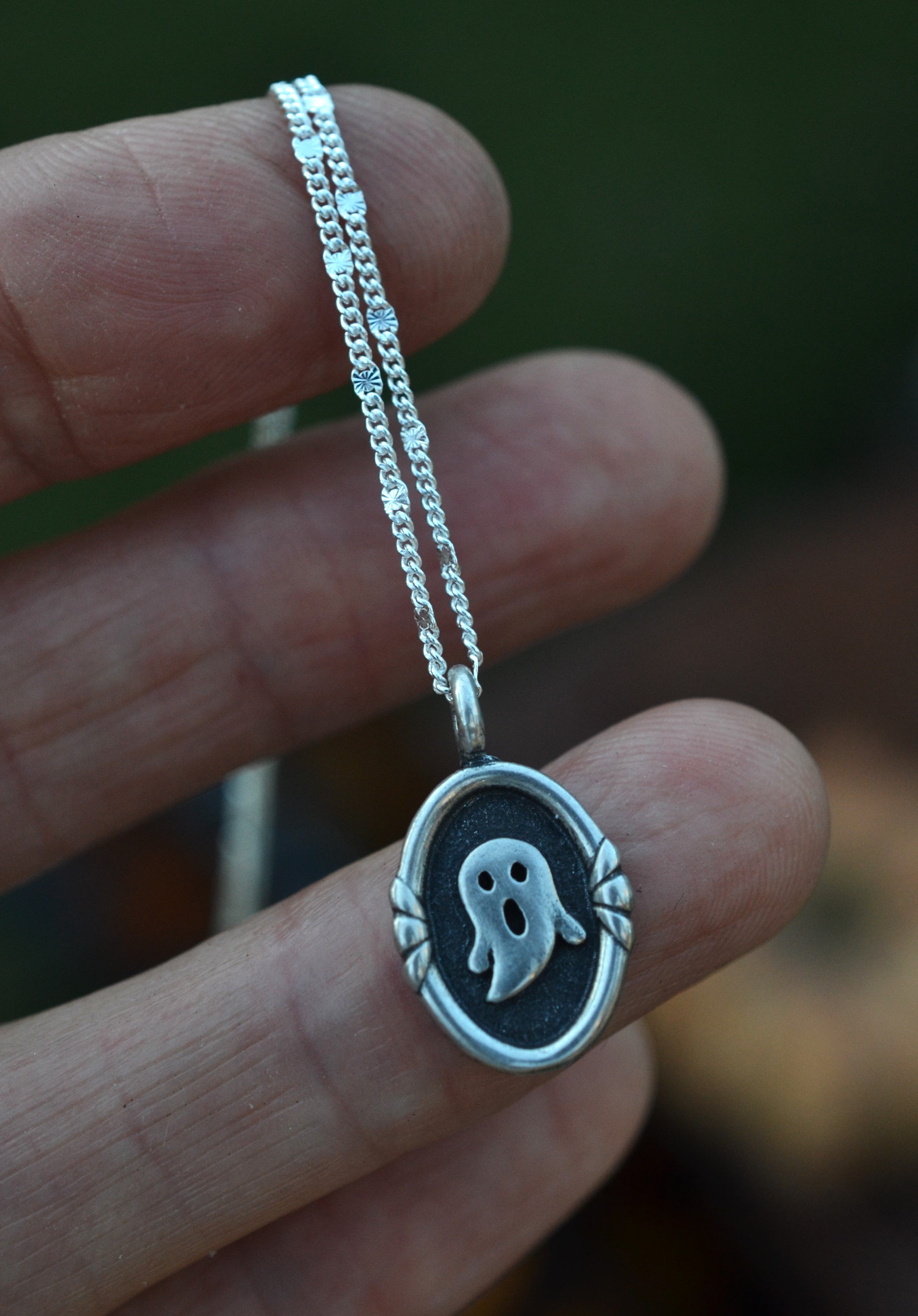 Surprised Ghostie Cameo Charm Necklace - Sterling Silver - 18" or 20" Chain Included