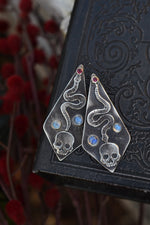 Winter's Darkness Skull/Snake Earrings. Post Style. Rainbow Moonstone