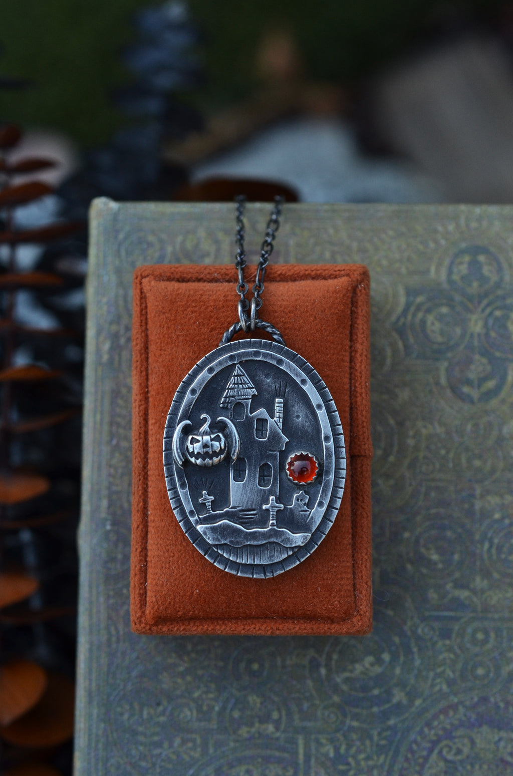 Haunted House Necklace - Bat-o-Lantern - Carnelian - 20" Chain