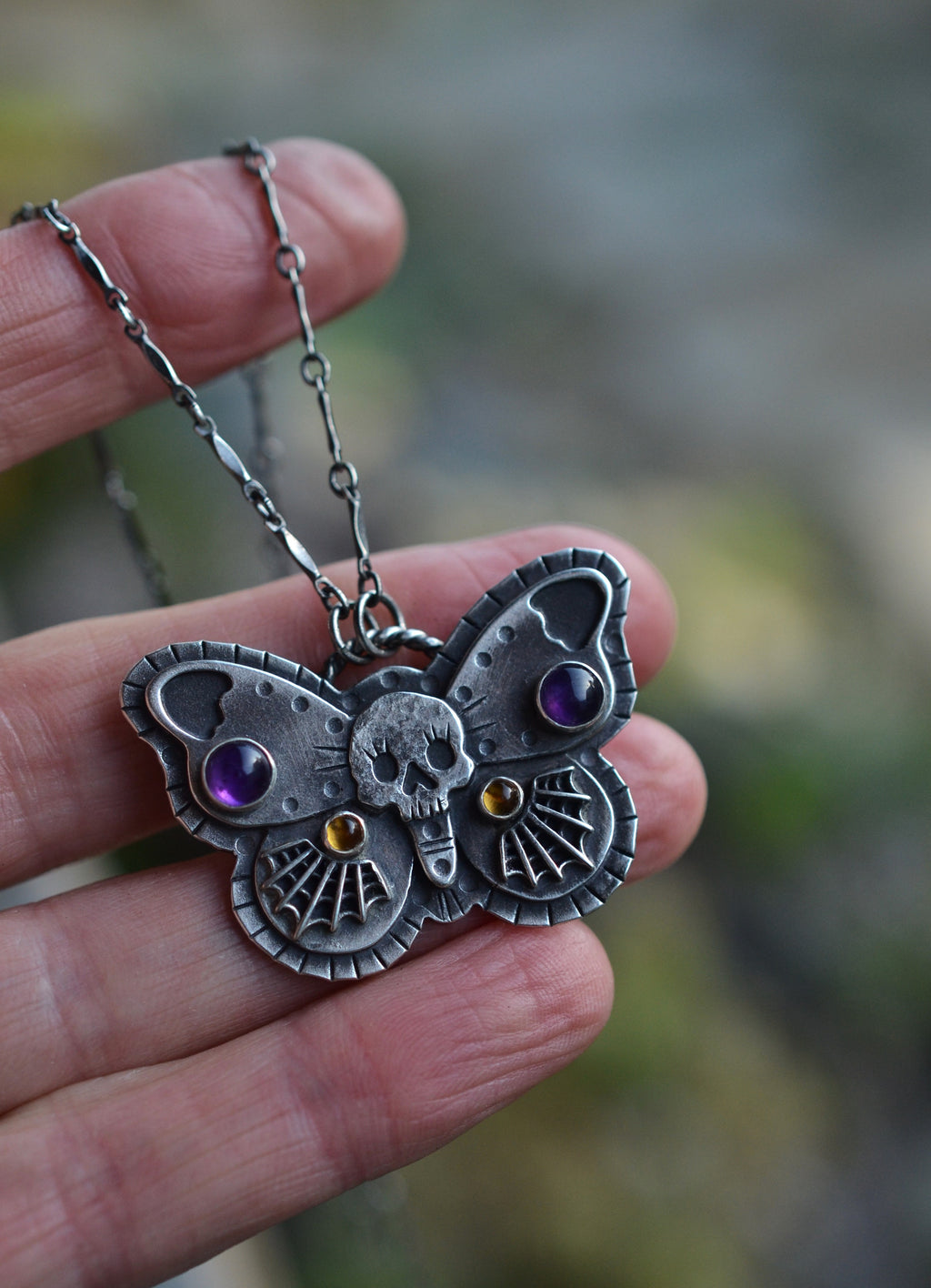 Decorative Skull Butterfly - Amethyst and Citrine Webs - 18” Chain with 2” extender