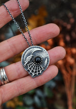 Hallows Eve Moon - Raven and Web Necklace - Black Onyx - 20" Chain Included