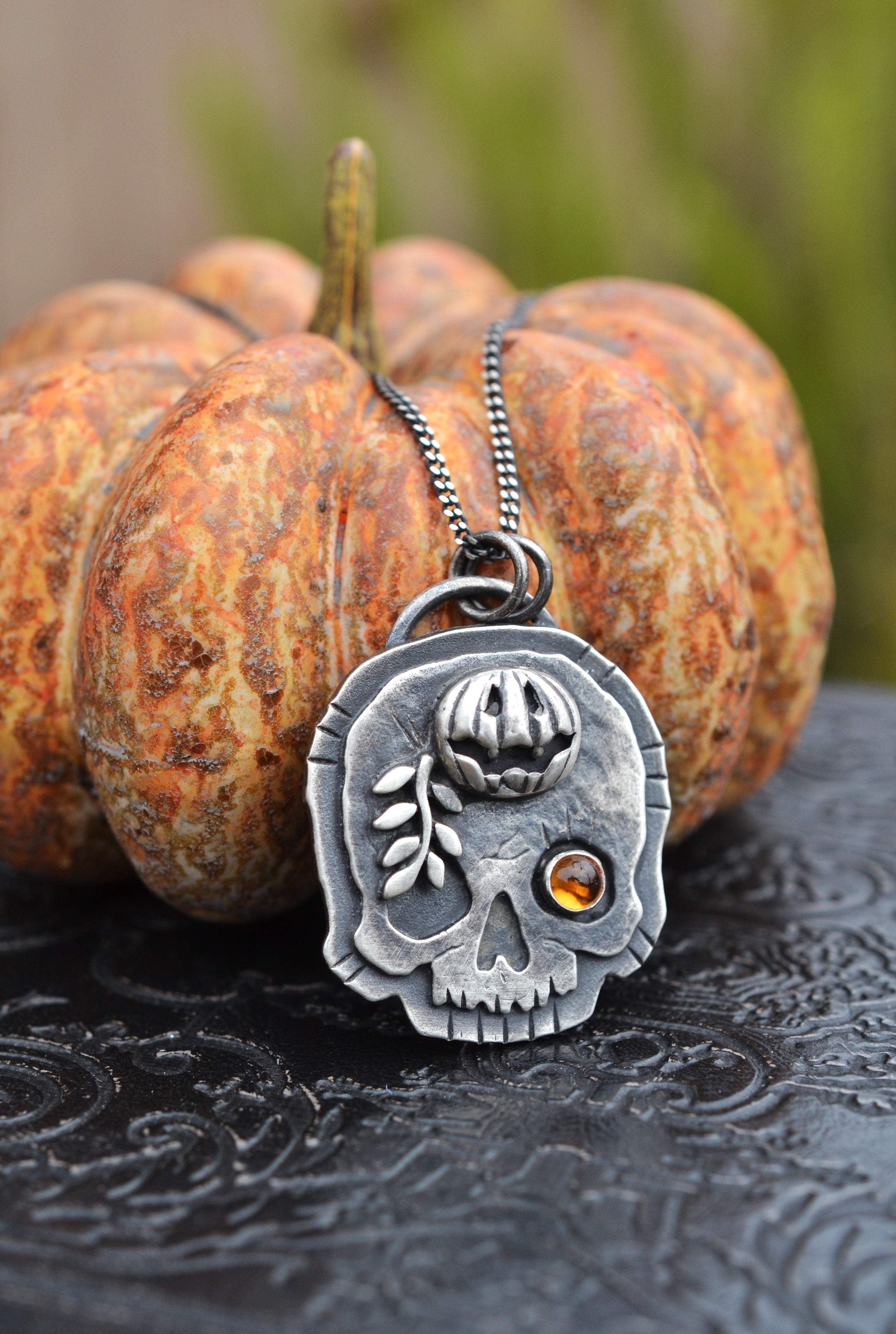 Halloween Skull Charm - Jolly Jack-O-Lantern with Vine - Citrine - 18" Chain