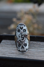 Valloween Lucky 13 Twin Skulls Hearts Ring -  Garnet - Will Fit Like a Size 7