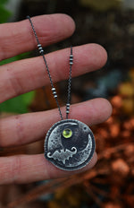 Hallows Eve Midnight Moon Necklace - Bat/Peridot - 20" Chain