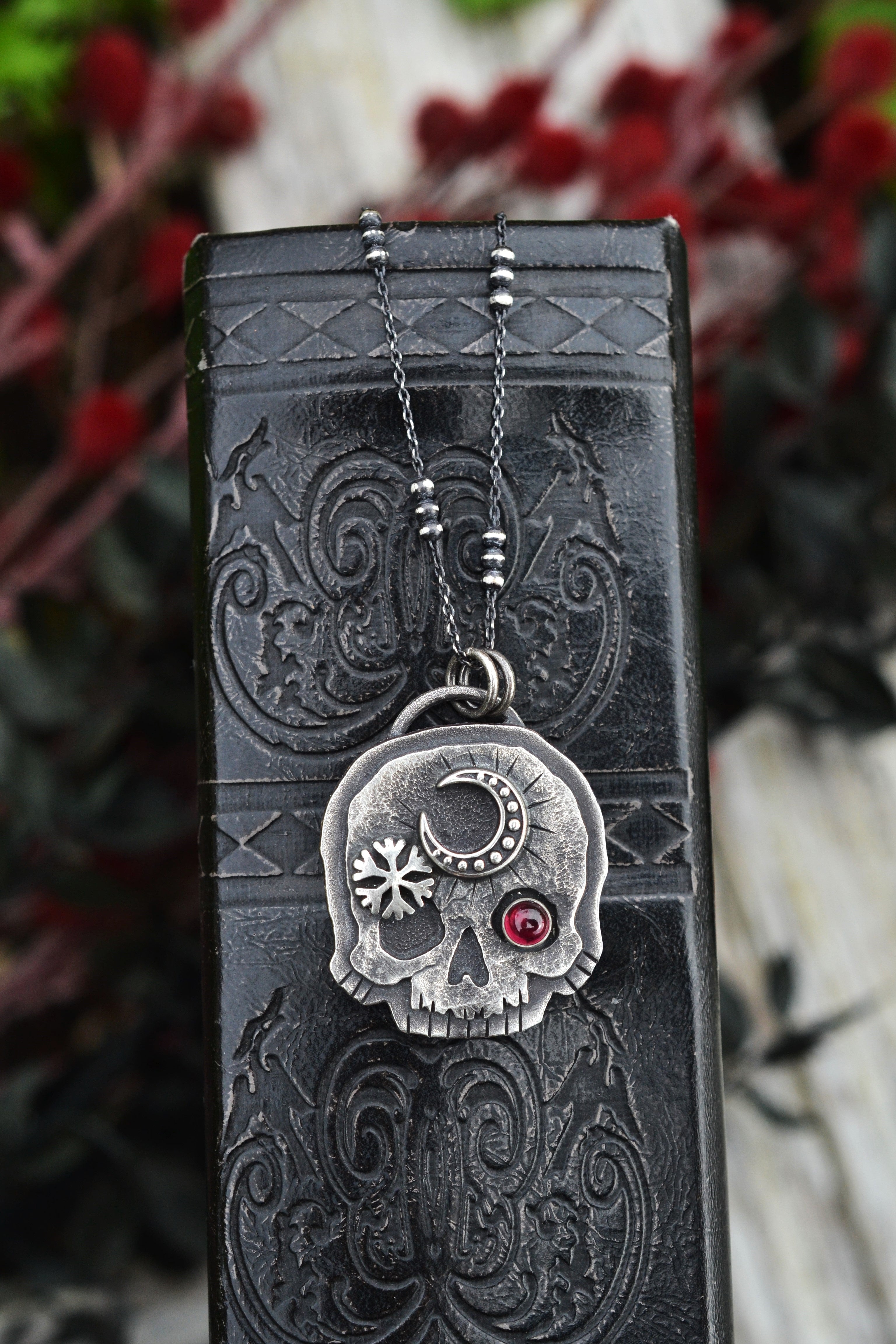 Skull Charm - Crescent Moon/Snowflake - Garnet - 18" Chain Included