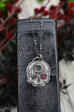 Skull Charm - Crescent Moon/Snowflake - Garnet - 18" Chain Included