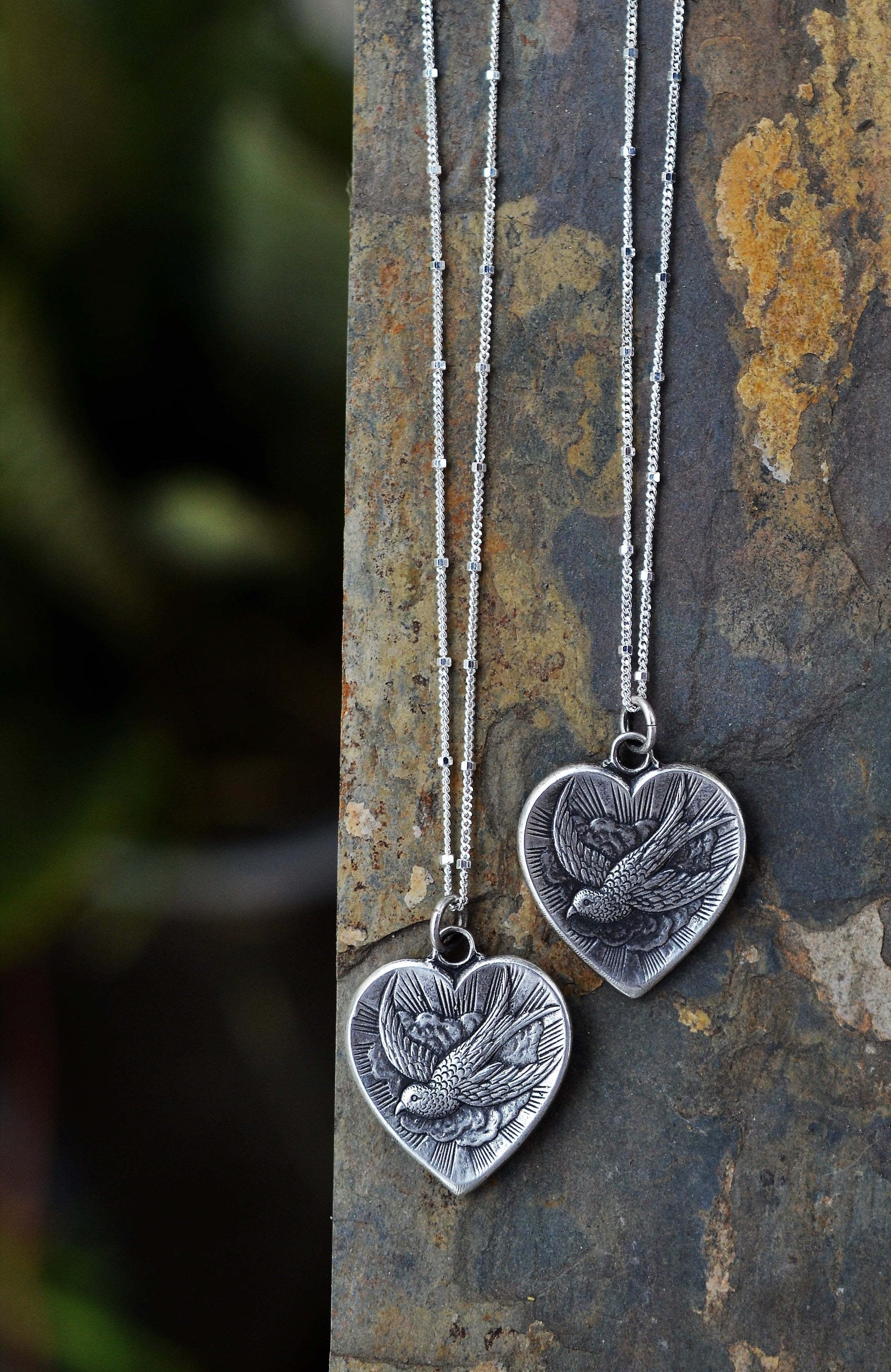 Heart Swallow Pendant - Double Sided - 16"or 18" Chain Included