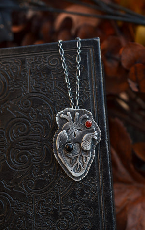 My Halloween Heart - Anatomical Heart - Black Onyx and Carnelian - Adjustable Chain at 18" and 20"