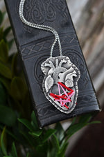 Anatomical Mended Heart -Large - Red and Pink Thread - 24” Chain Included
