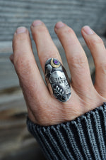 Til Death - Tombstone Raven Ring - Black Onyx and Amethyst - Size 7.5