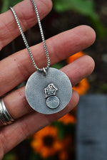 Hallows Eve Moon - Spider and Web Necklace - Hematite - 16" Chain Included