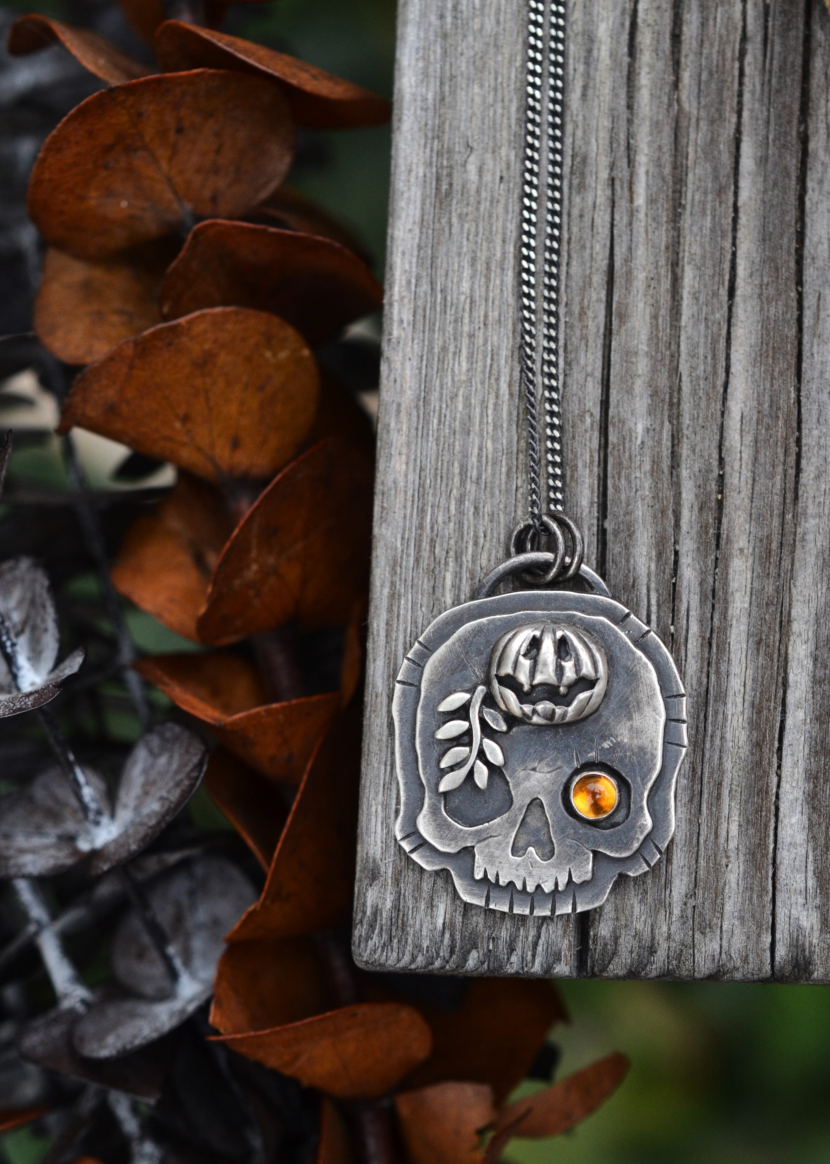 Halloween Skull Charm - Jolly Jack-O-Lantern with Vine - Citrine - 18" Chain