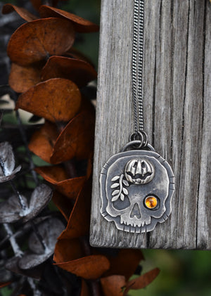Halloween Skull Charm - Jolly Jack-O-Lantern with Vine - Citrine - 18" Chain