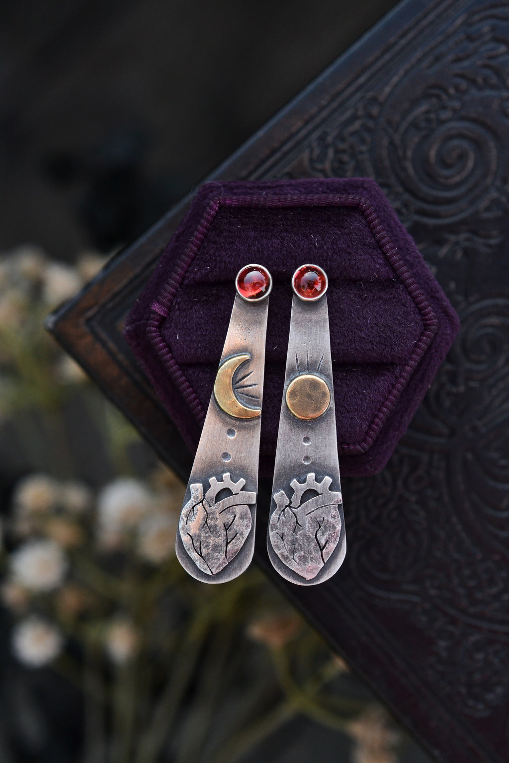 Celestial Hearts - Post Style Earrings - Garnet