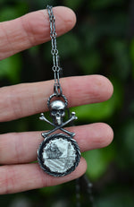 Jolly Roger Scrimshaw Ship Necklace - Sterling Silver - Adjustable Chain at 20" and 22"