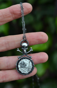 Jolly Roger Scrimshaw Ship Necklace - Sterling Silver - Adjustable Chain at 20" and 22"