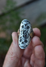 Valloween Lucky 13 Twin Skulls Hearts Ring -  Garnet - Will Fit Like a Size 9
