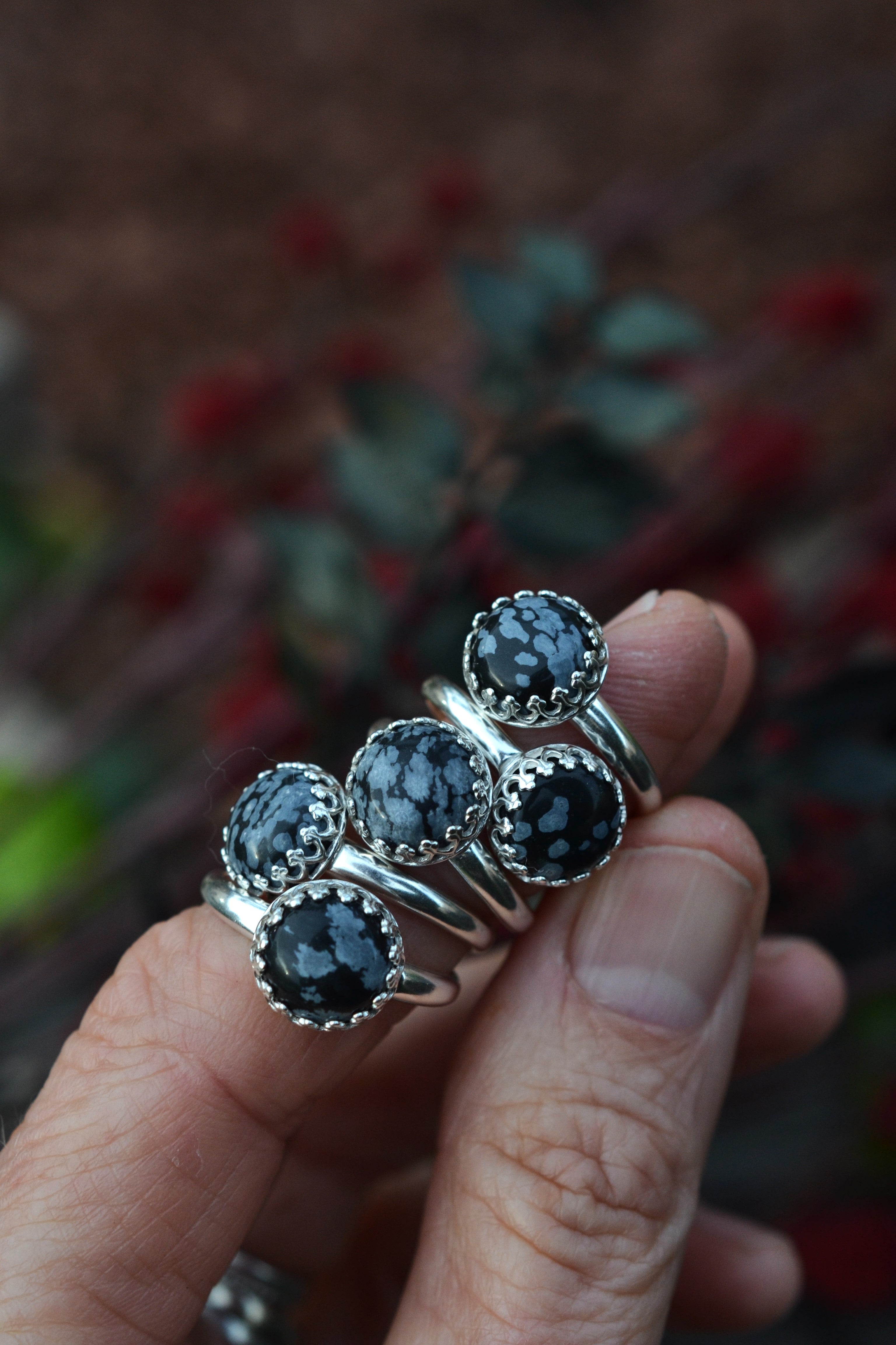 Snowflake Obsidian Gemstone Gallery Ring - Sterling Silver - Sizes 6-10