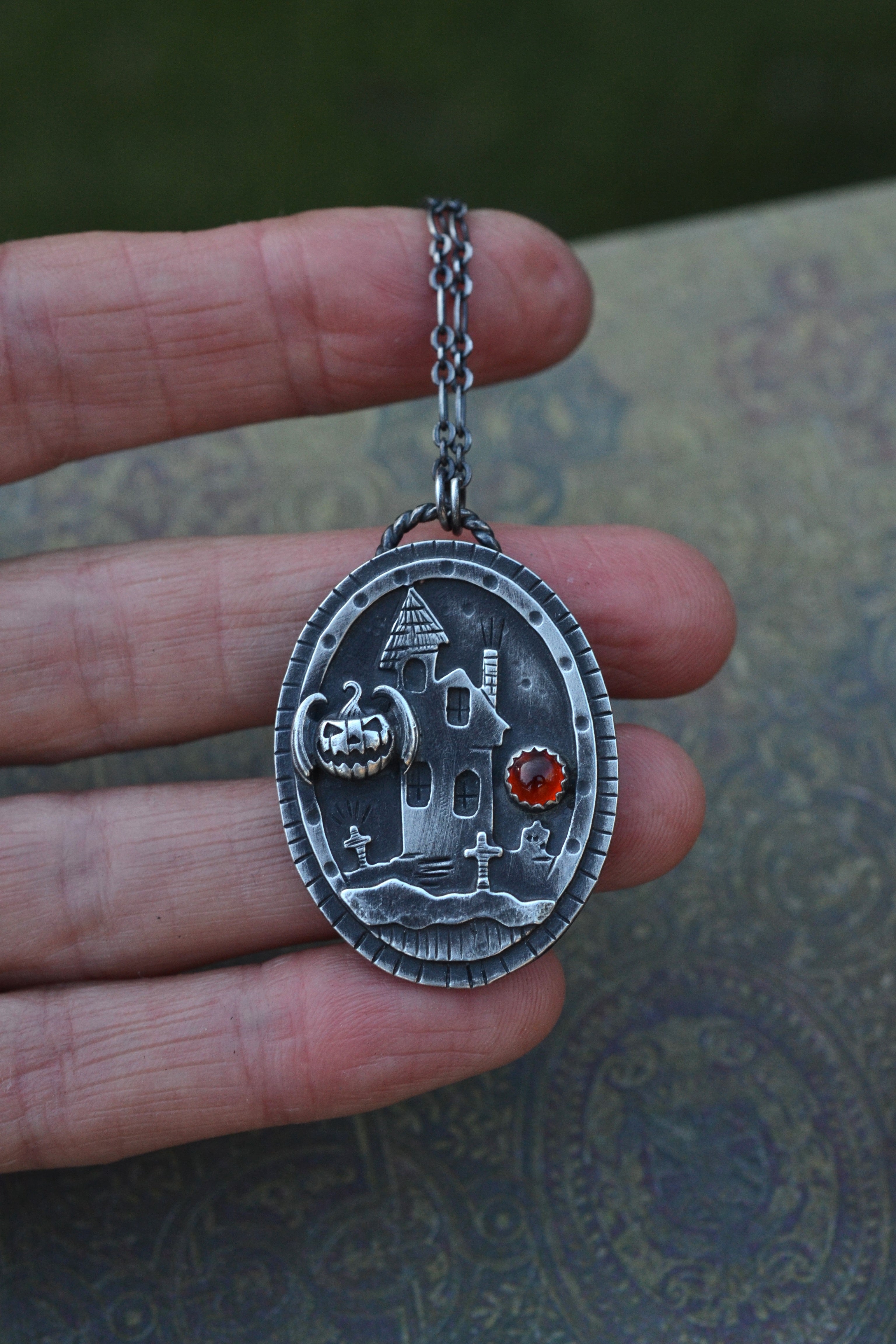 Haunted House Necklace - Bat-o-Lantern - Carnelian - 20" Chain