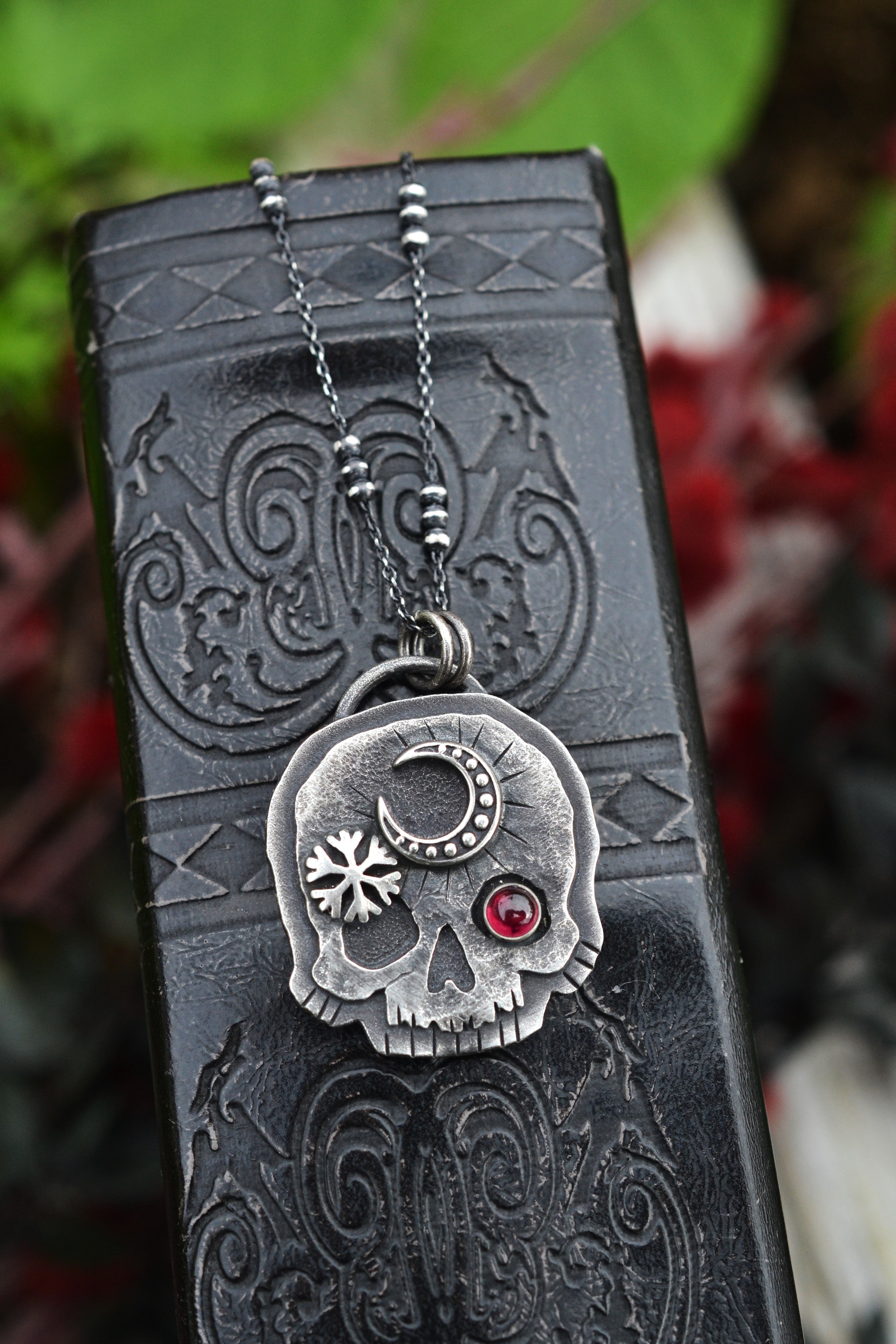 Skull Charm - Crescent Moon/Snowflake - Garnet - 18" Chain Included