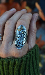 Scorpion King Ring - Black Star Diopside and Peridot - Size 10.5