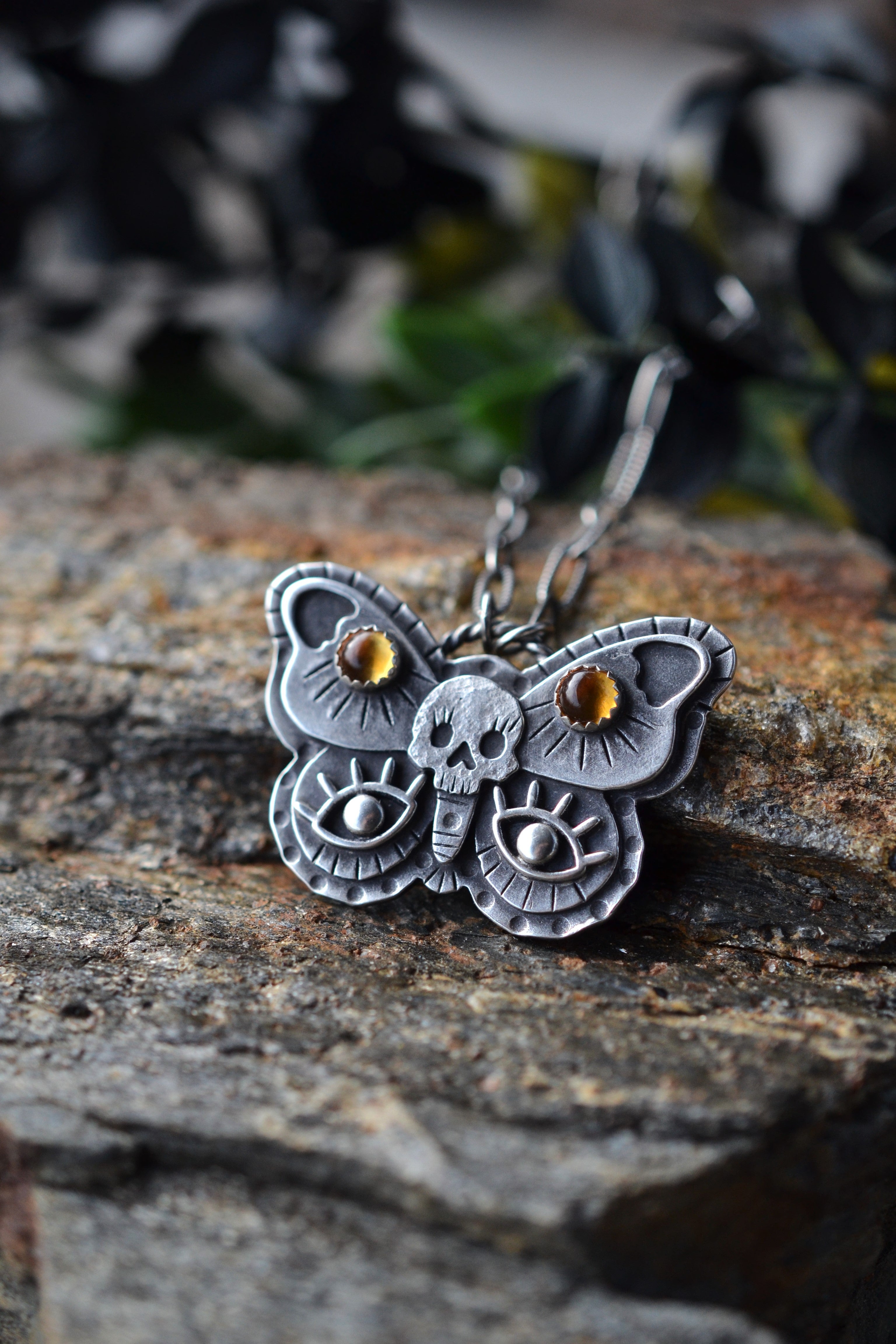 Decorative Skull Butterfly - Citrine Eyes - 16” Chain with 2” extender