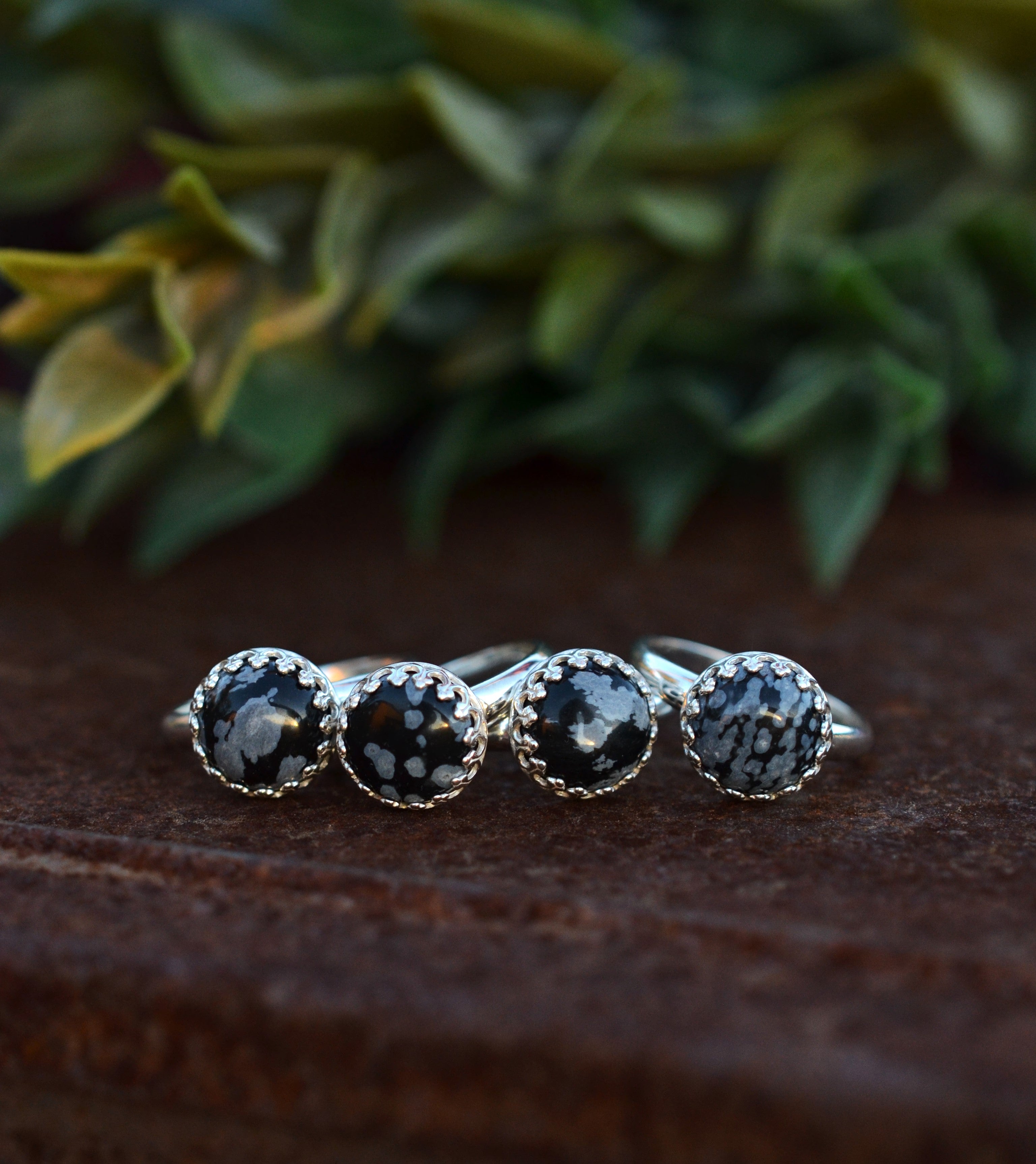 Snowflake Obsidian Gemstone Gallery Ring - Sterling Silver Classic Ring - Sizes 6-10