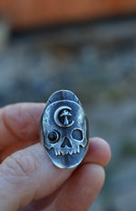 Celestial Mushroom Skull Saddle Ring - Black Star Diopside - Size 8.5